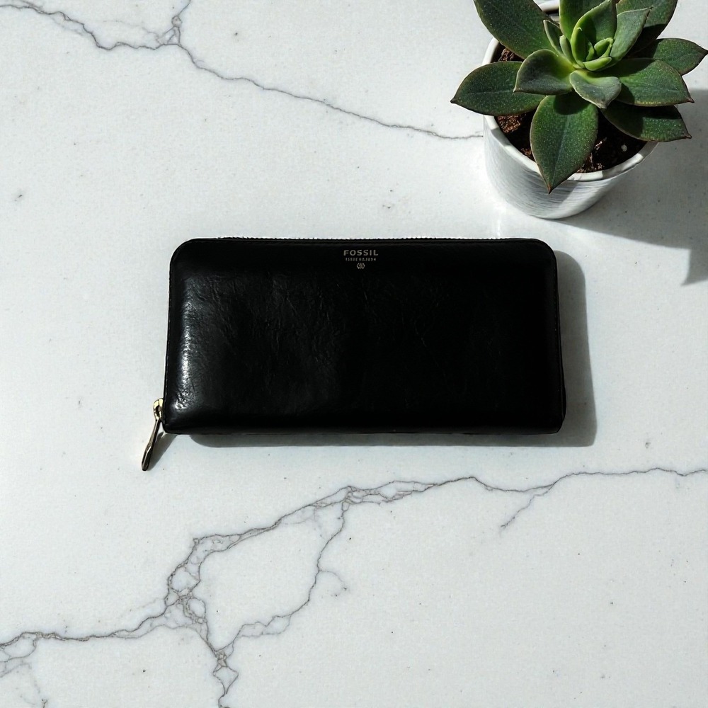 Fossil Black Leather Zip Around Continental Wallet Organizer - Picture 5 of 8